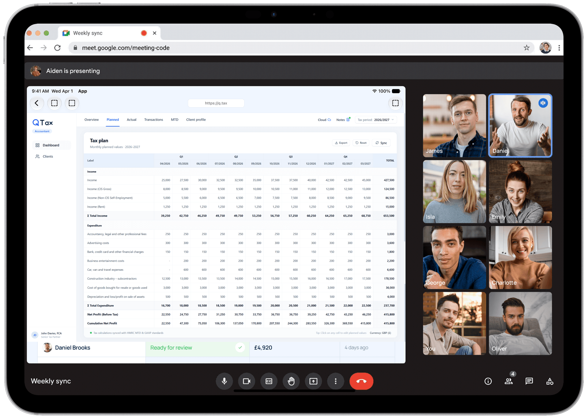 A Q Tax Agent walkthrough call showing the tax plan on screen