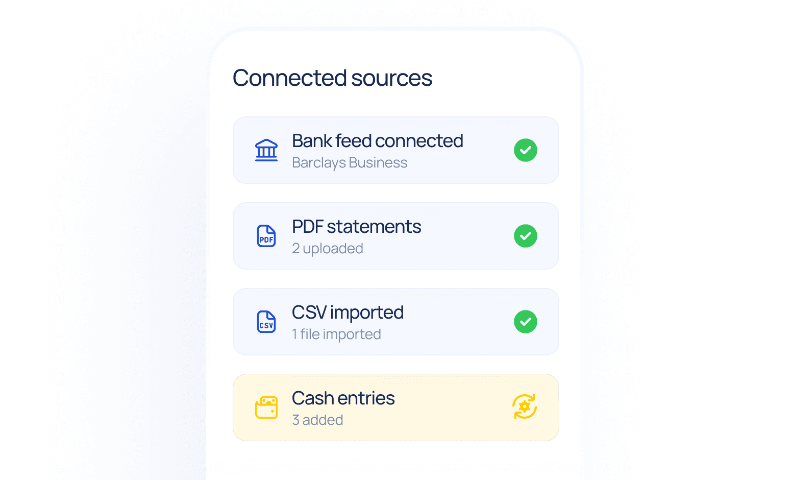 Connected sources panel showing bank feed, PDF, CSV and cash entries
