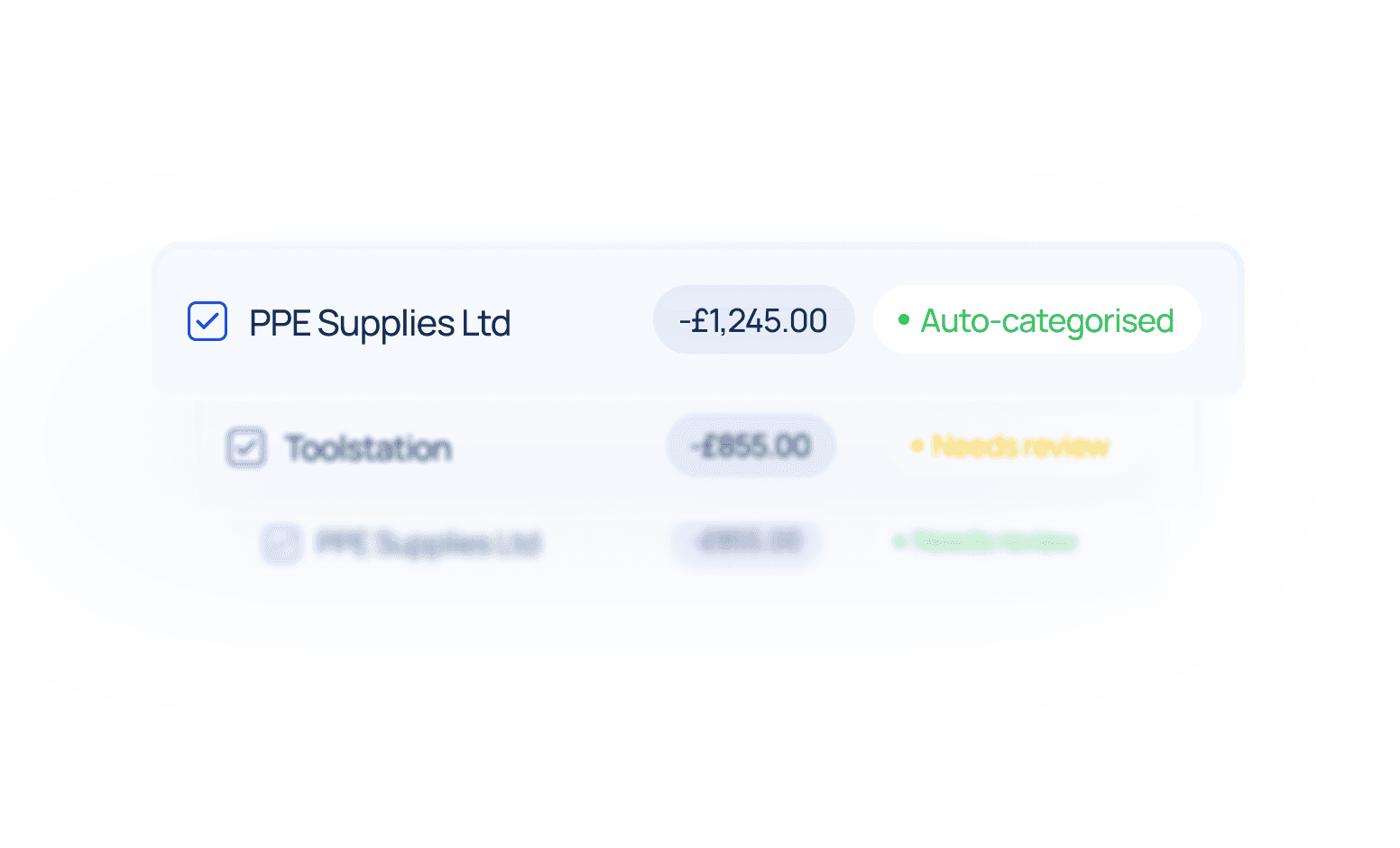 Transaction list with AI-suggested categorisation and approval status