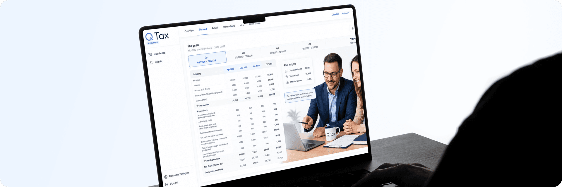 Q Tax Agent practice portal tax plan open on a laptop while an accountant reviews it with a client